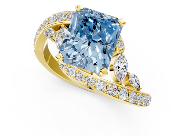 Yellow gold Fancy Blue Radiant  Solitaire with Pavé Twist Band and Four-Prong Setting