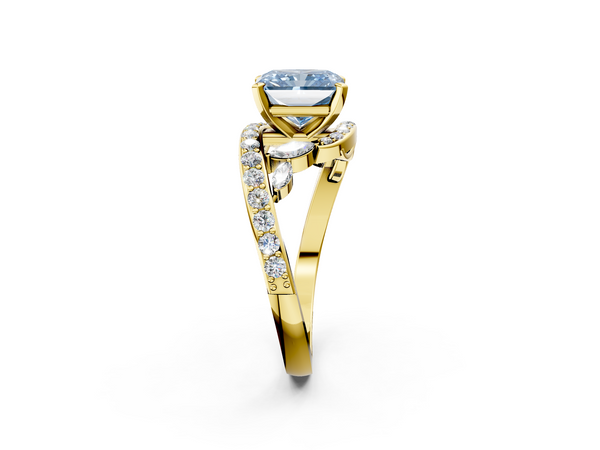 Yellow gold Fancy Blue Radiant  Solitaire with Pavé Twist Band and Four-Prong Setting