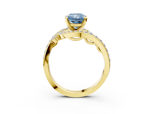 Yellow gold Fancy Blue Radiant  Solitaire with Pavé Twist Band and Four-Prong Setting