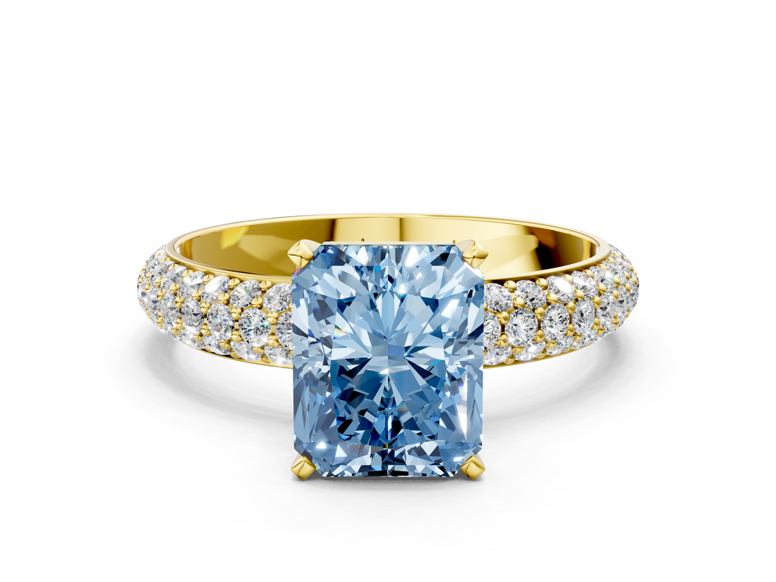 Yellow gold Fancy Blue Radiant  Solitaire with Pave Band and Four-Prong Setting_3
