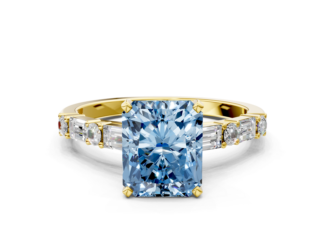 Yellow gold Fancy Blue Radiant  Solitaire with Side Baguettes and Channel Set Band_62