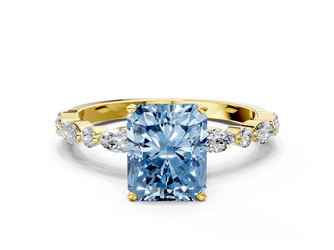 Yellow gold Fancy Blue Radiant  Solitaire with Side Stones on a Pavé Band and Four-Prong Setting_23