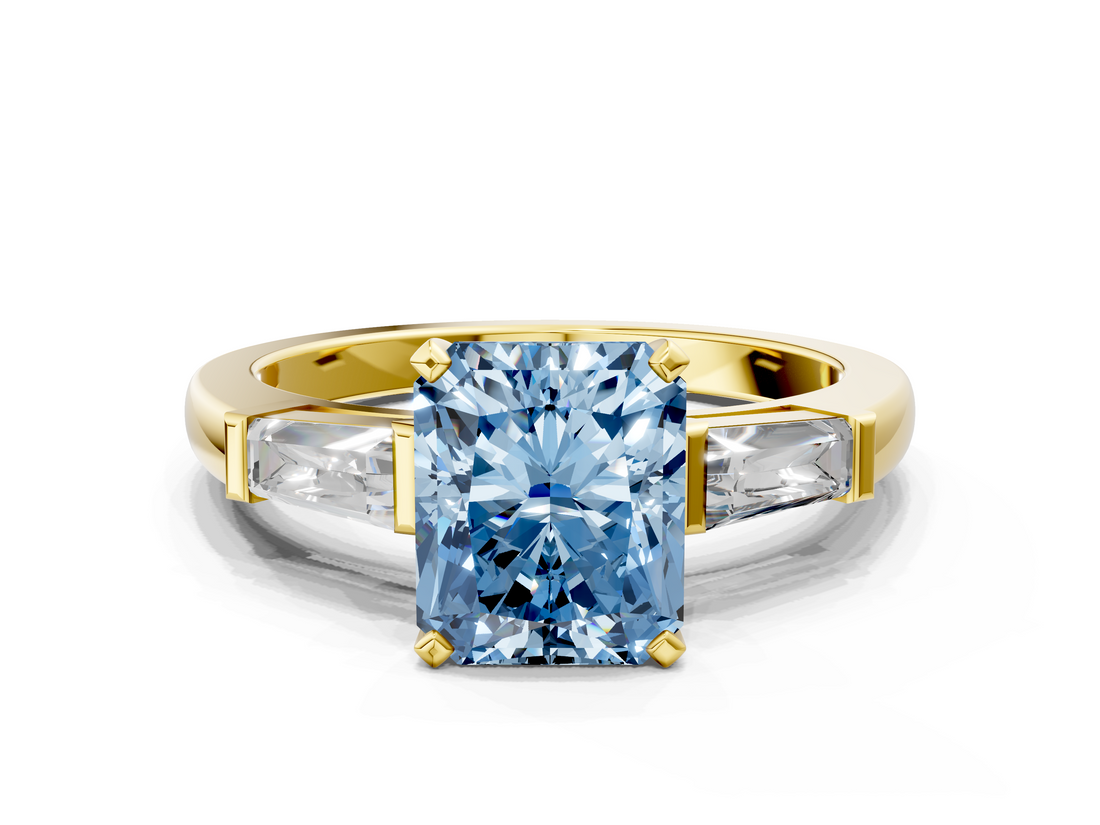 Yellow gold Fancy Blue Radiant  Solitaire with Tapered Baguette Side Stones on a Classic Band with Four-Prong Setting_90