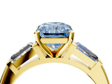 Yellow gold Fancy Blue Radiant  Solitaire with Tapered Baguette Side Stones on a Classic Band with Four-Prong Setting_94