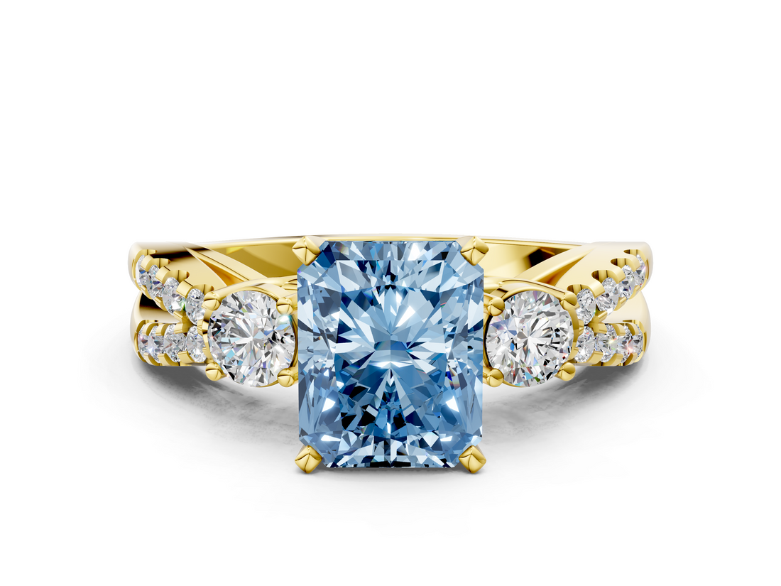 Yellow gold Fancy Blue Radiant  Three-Stone Diamond Ring with Pavé Split Shank and Four-Prong Setting_71