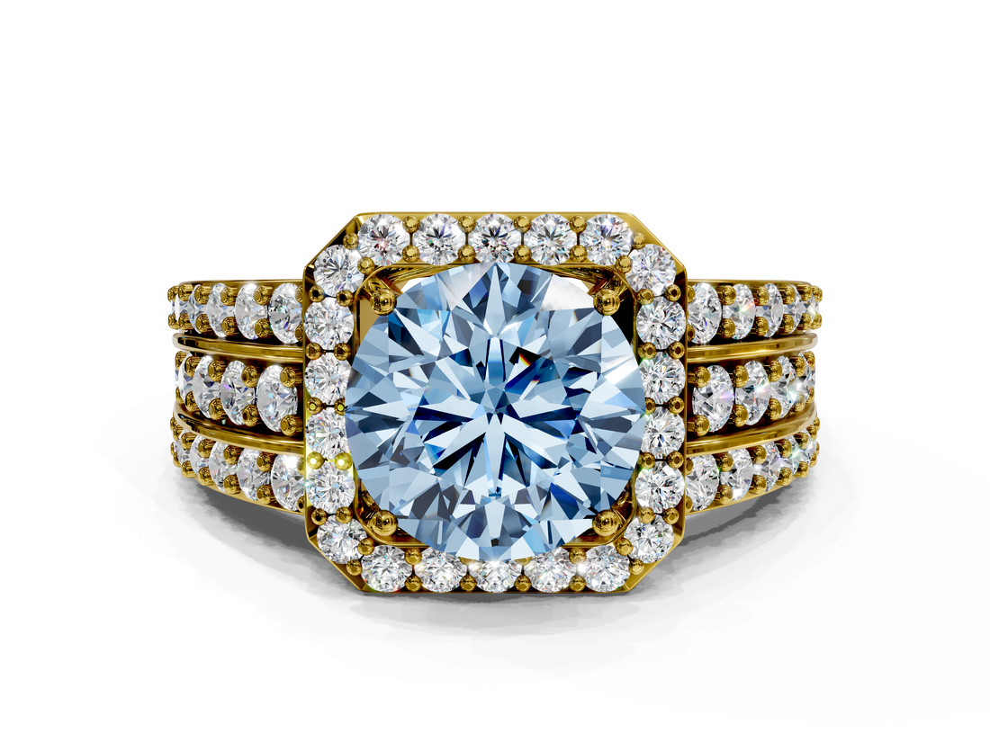 Yellow gold Fancy Blue Round -Cut Halo Diamond Ring with Split Shank and Four-Prong Setting_84