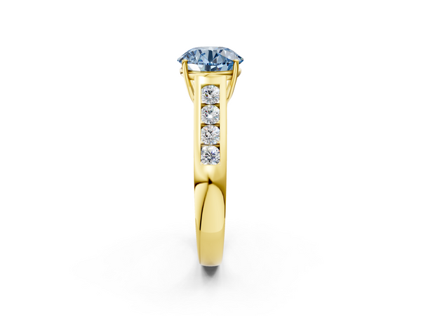 Yellow gold Fancy Blue Round  Brilliant Channel-Set Solitaire Ring with Four-Prong Setting