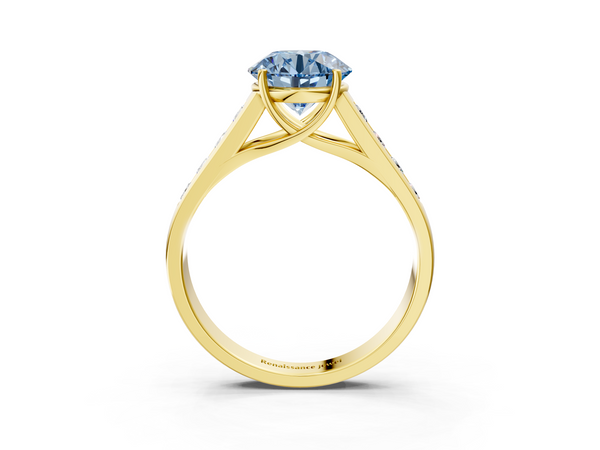 Yellow gold Fancy Blue Round  Brilliant Channel-Set Solitaire Ring with Four-Prong Setting