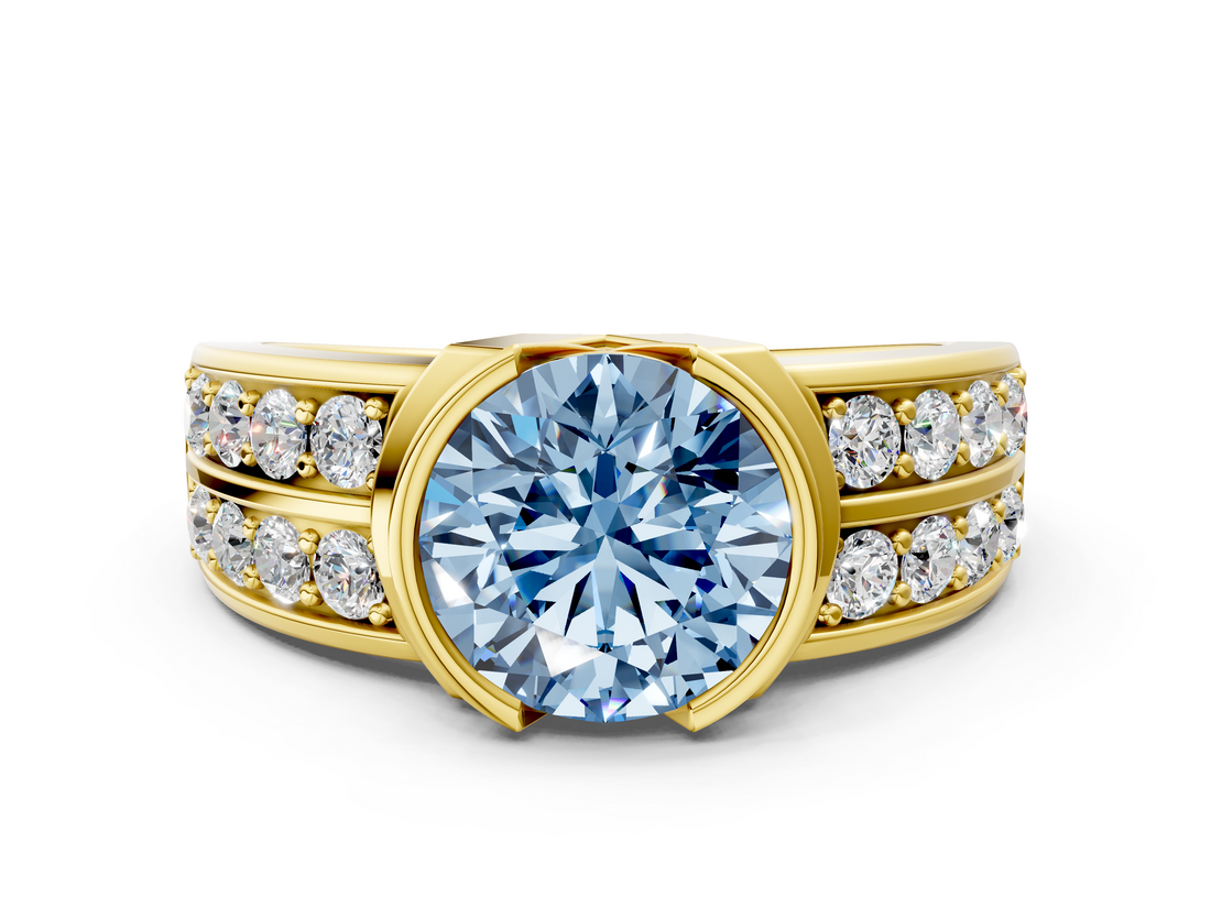 Yellow gold Fancy Blue Round  Brilliant Diamond Channel Set Wide Band Ring with Bezel Setting_20