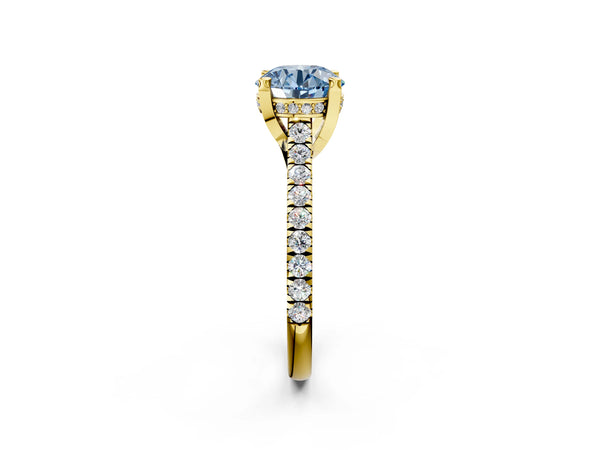 Yellow gold Fancy Blue Round  Brilliant Diamond Solitaire with Pavé Band and Four-Prong Setting