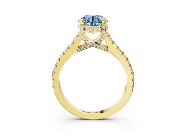 Yellow gold Fancy Blue Round  Brilliant Diamond Solitaire with Pavé Band and Four-Prong Setting