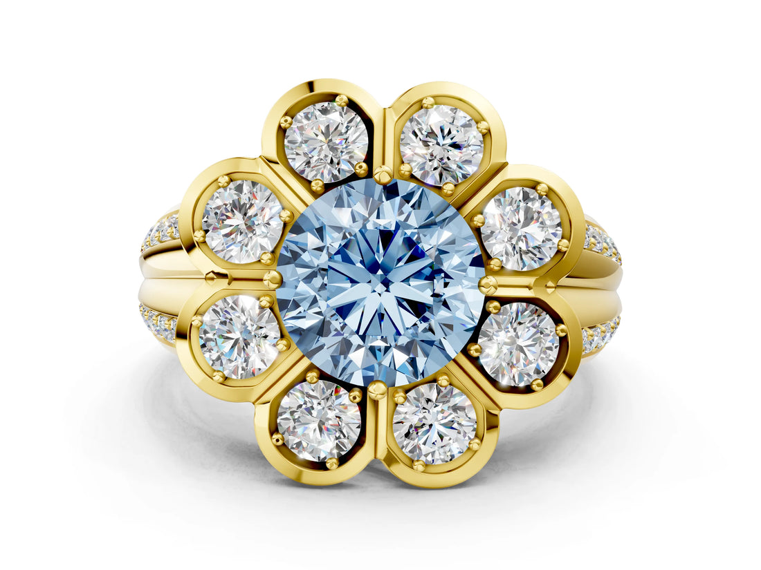 Yellow gold Fancy Blue Round  Brilliant Flower Halo Diamond Split Shank Ring_53