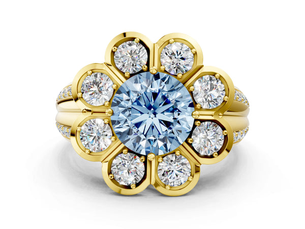 Yellow gold Fancy Blue Round  Brilliant Flower Halo Diamond Split Shank Ring