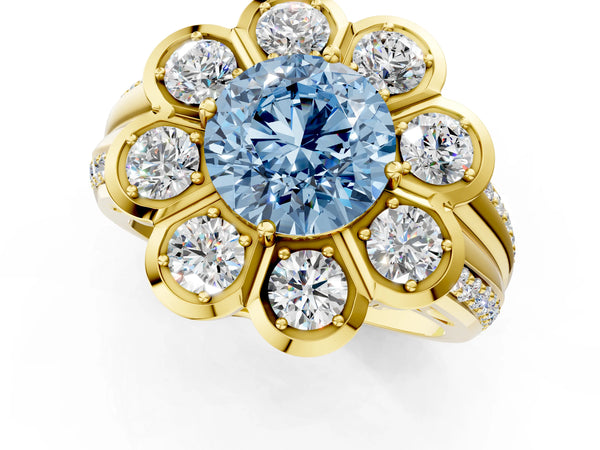 Yellow gold Fancy Blue Round  Brilliant Flower Halo Diamond Split Shank Ring