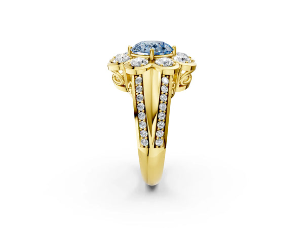 Yellow gold Fancy Blue Round  Brilliant Flower Halo Diamond Split Shank Ring
