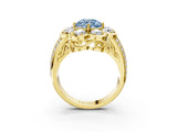 Yellow gold Fancy Blue Round  Brilliant Flower Halo Diamond Split Shank Ring_56