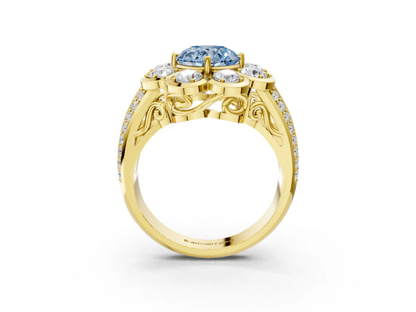 Yellow gold Fancy Blue Round  Brilliant Flower Halo Diamond Split Shank Ring