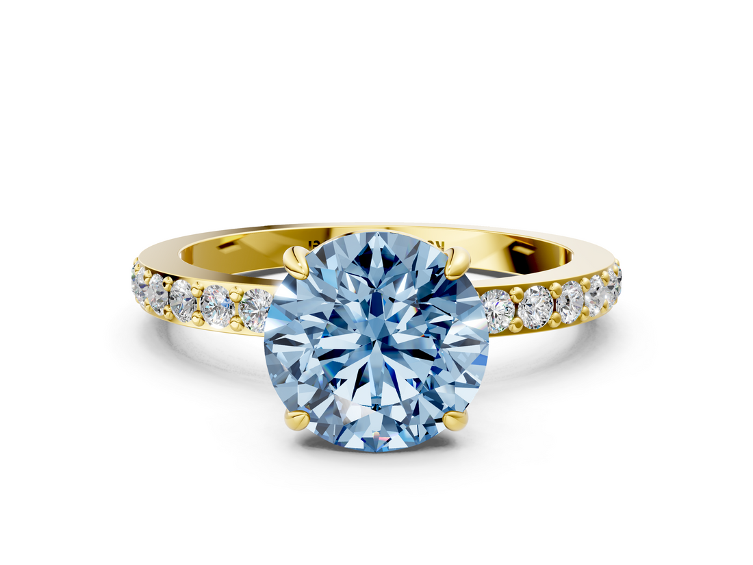 Yellow gold Fancy Blue Round  Brilliant Pavé Band Solitaire with Four-Prong Setting_58