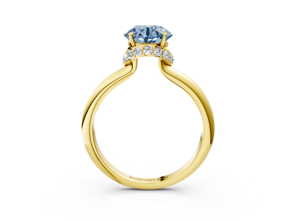 Yellow gold Fancy Blue Round  Brilliant Solitaire Engagement Ring with Six-Prong Setting and Classic Band
