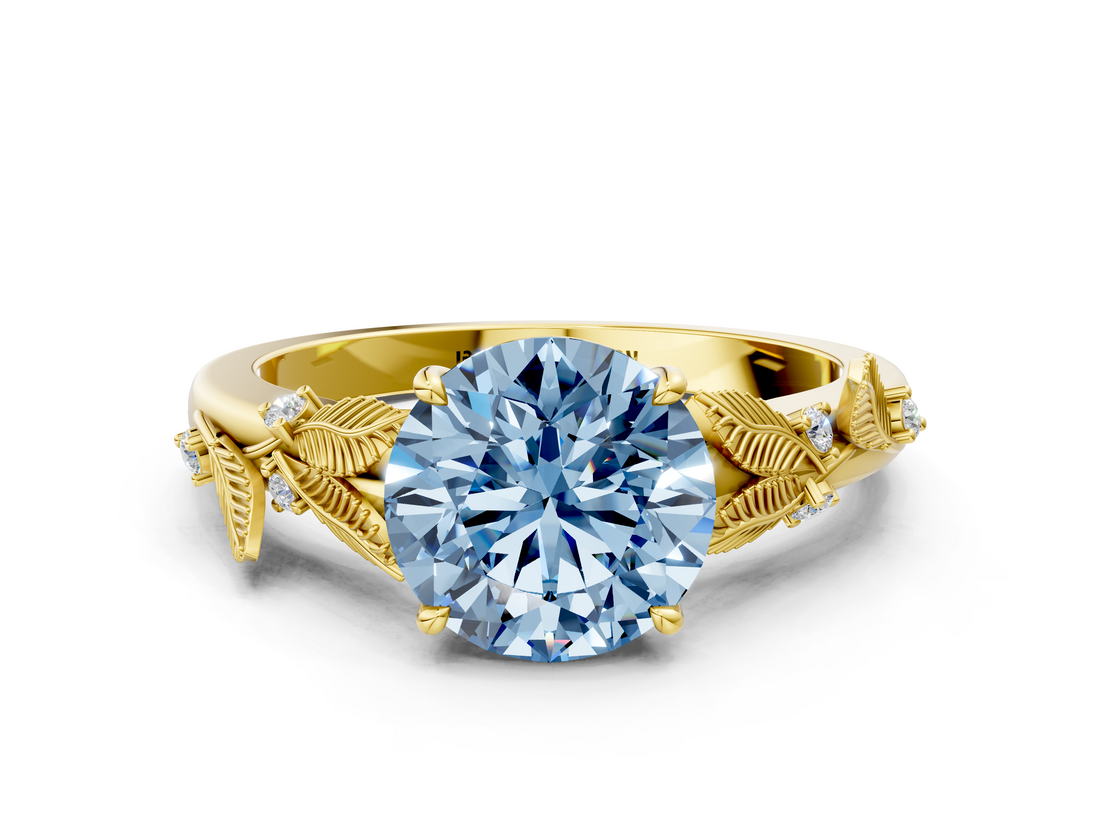 Yellow gold Fancy Blue Round  Brilliant Solitaire with Leaf Motif Band and Four-Prong Setting_80