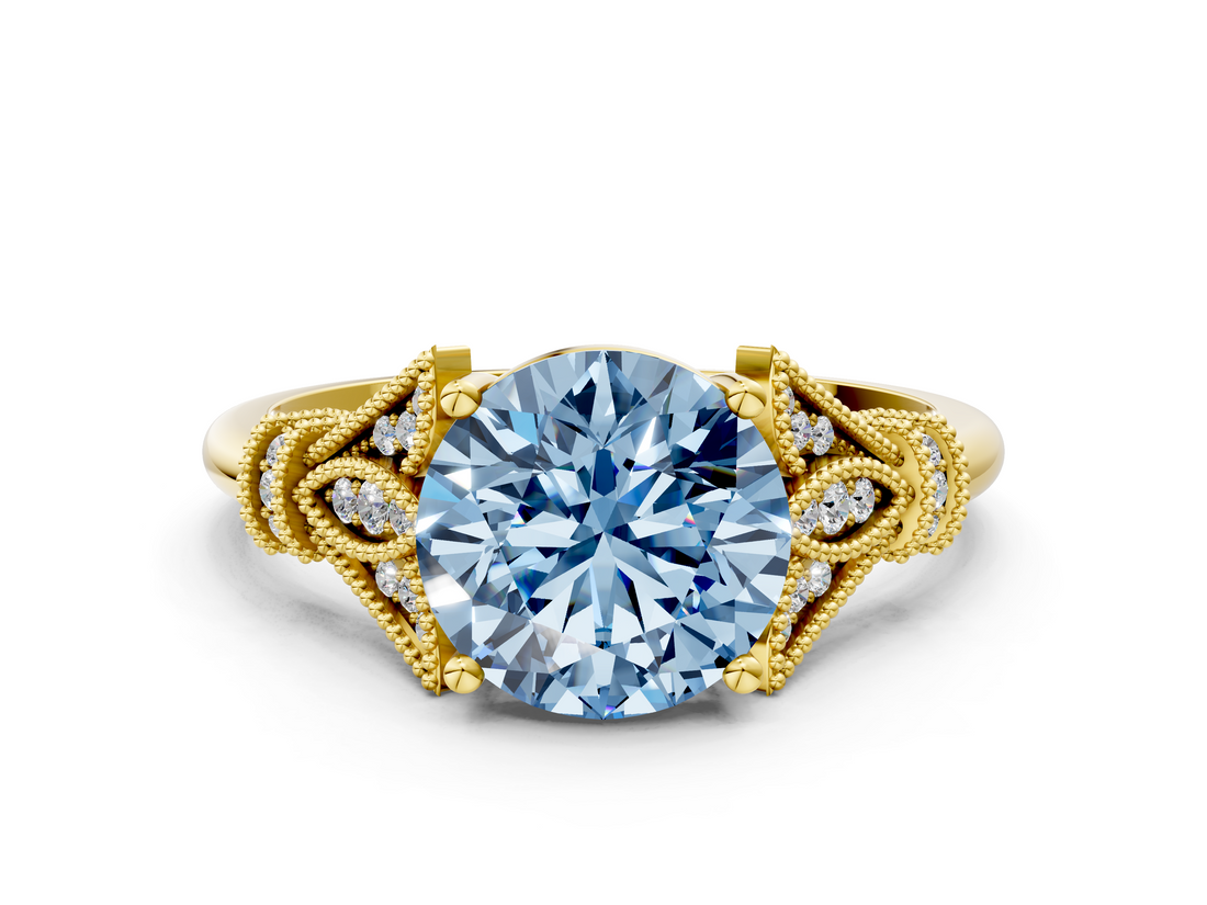 Yellow gold Fancy Blue Round  Brilliant Solitaire with Pave Band and Four-Prong Setting_21