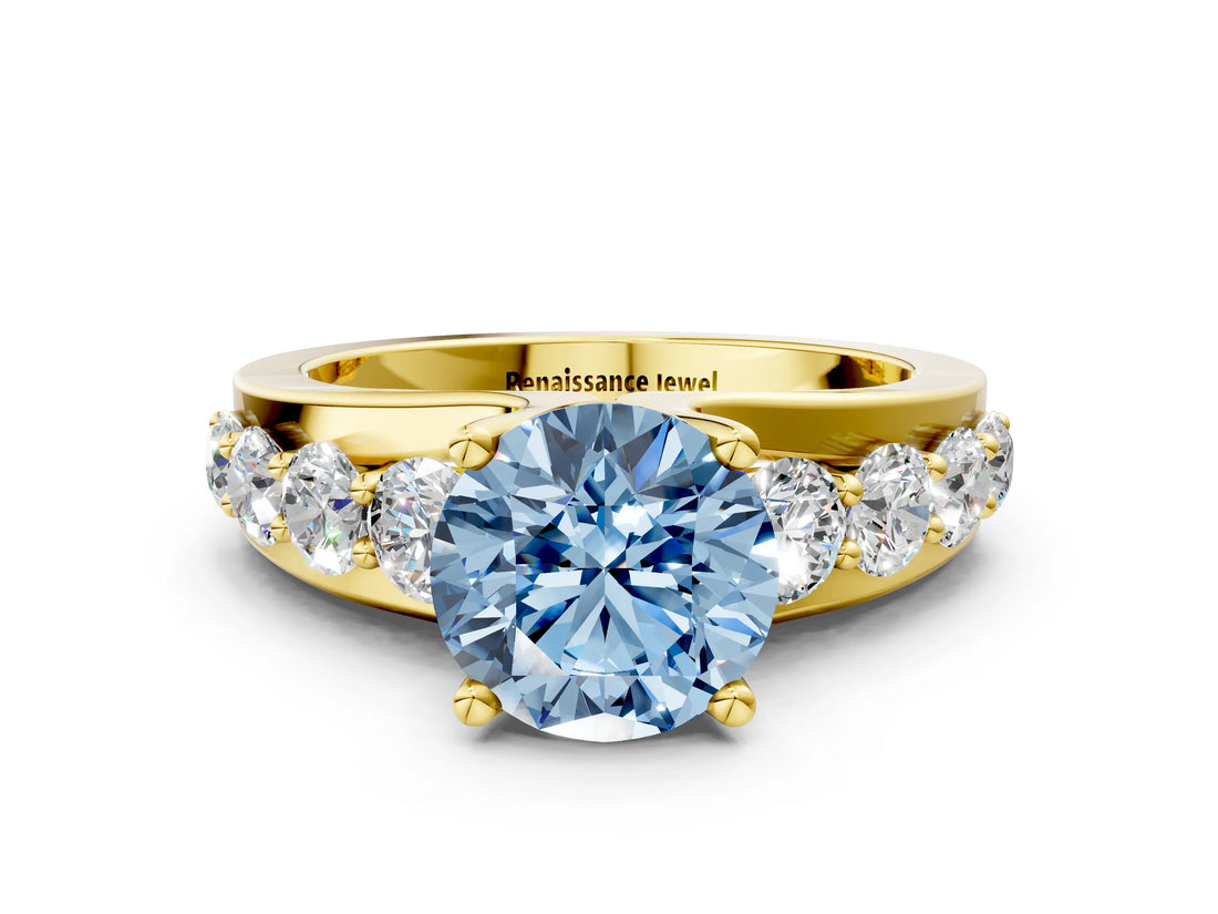 Yellow gold Fancy Blue Round  Brilliant Solitaire with Side Stones on a Pave Band and Four-Prong Setting_24