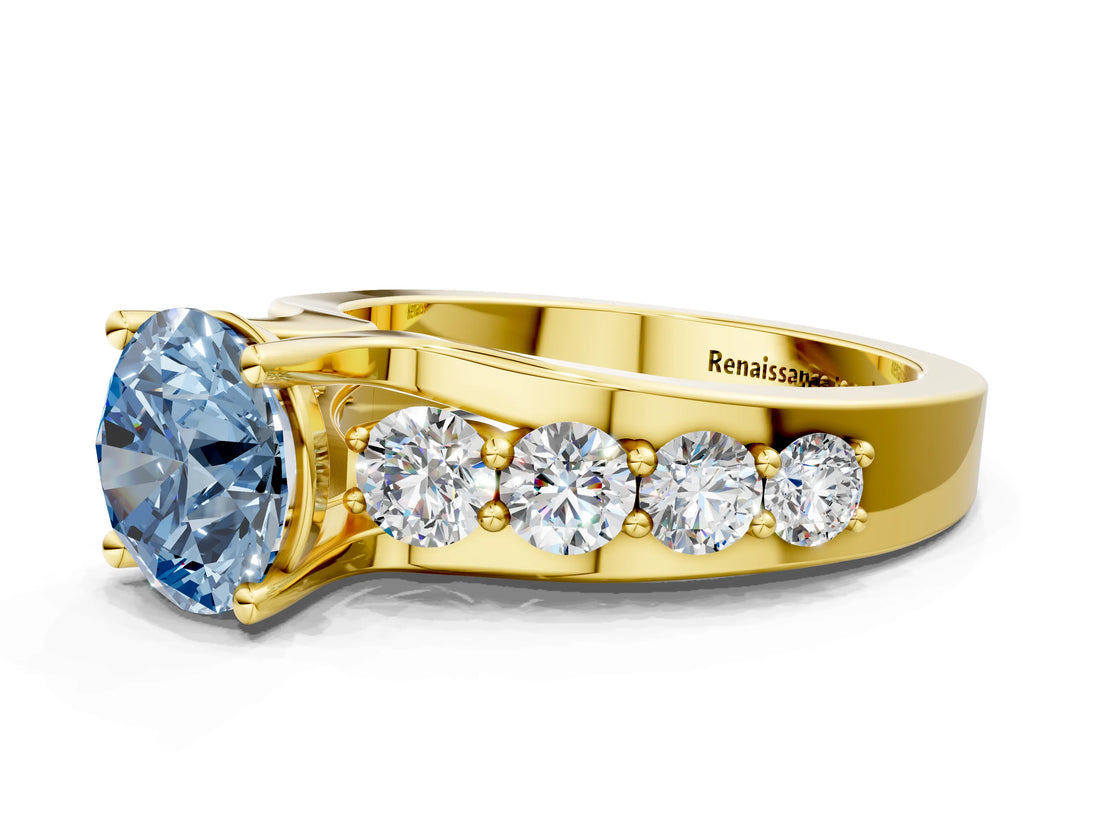 Yellow gold Fancy Blue Round  Brilliant Solitaire with Side Stones on a Pave Band and Four-Prong Setting_89
