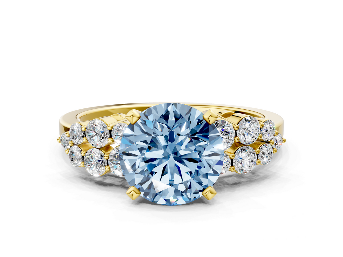 Yellow gold Fancy Blue Round  Cluster Diamond Engagement Ring with Pavé Band and Four-Prong Setting_31