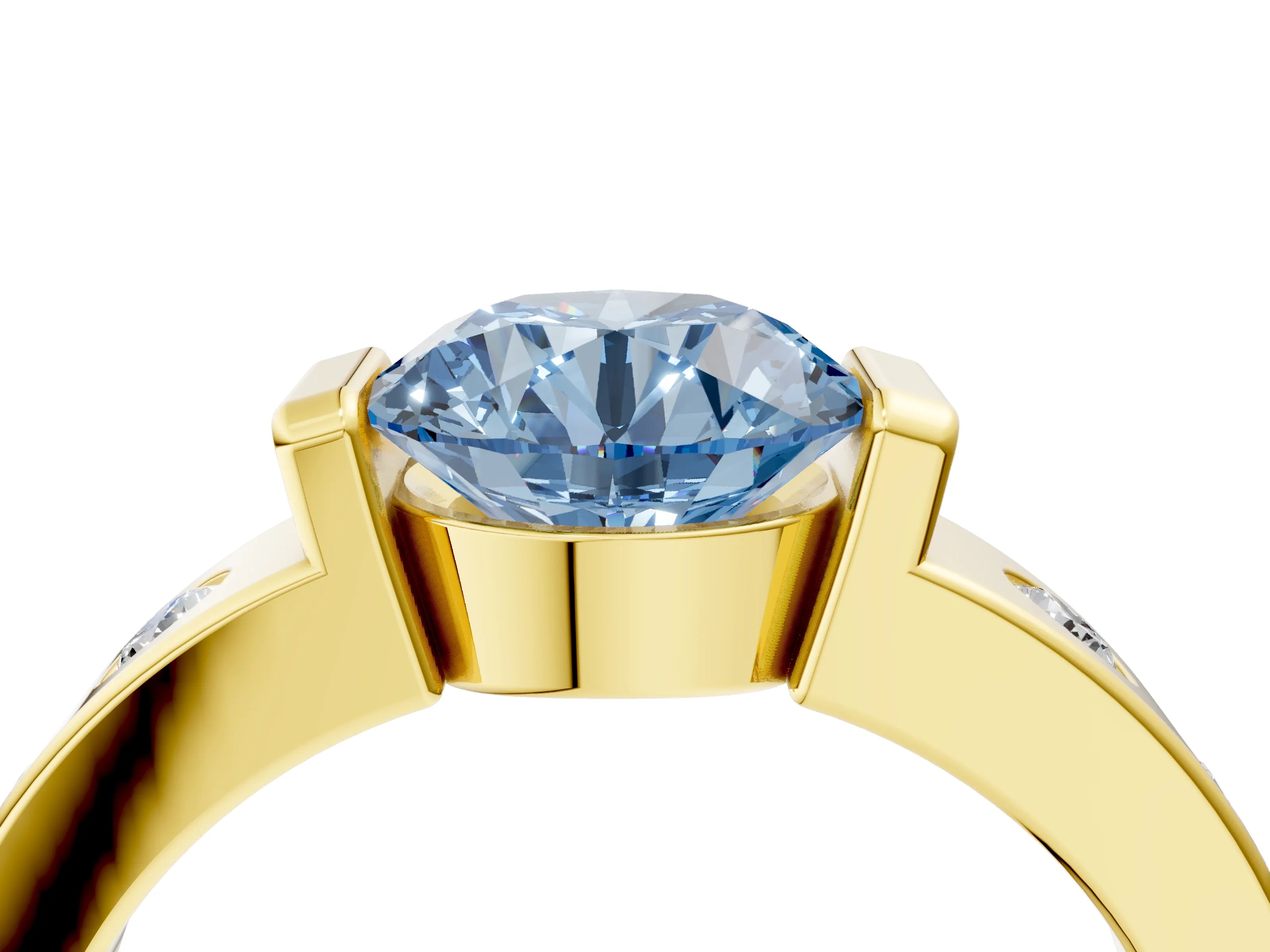 Yellow gold Fancy Blue Round Cut Brilliant Channel-Set Diamond Ring with Bezel Prong Setting_4