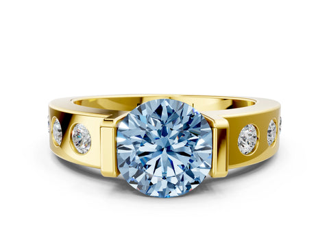 Yellow gold Fancy Blue Round Cut Brilliant Channel-Set Diamond Ring with Bezel Prong Setting