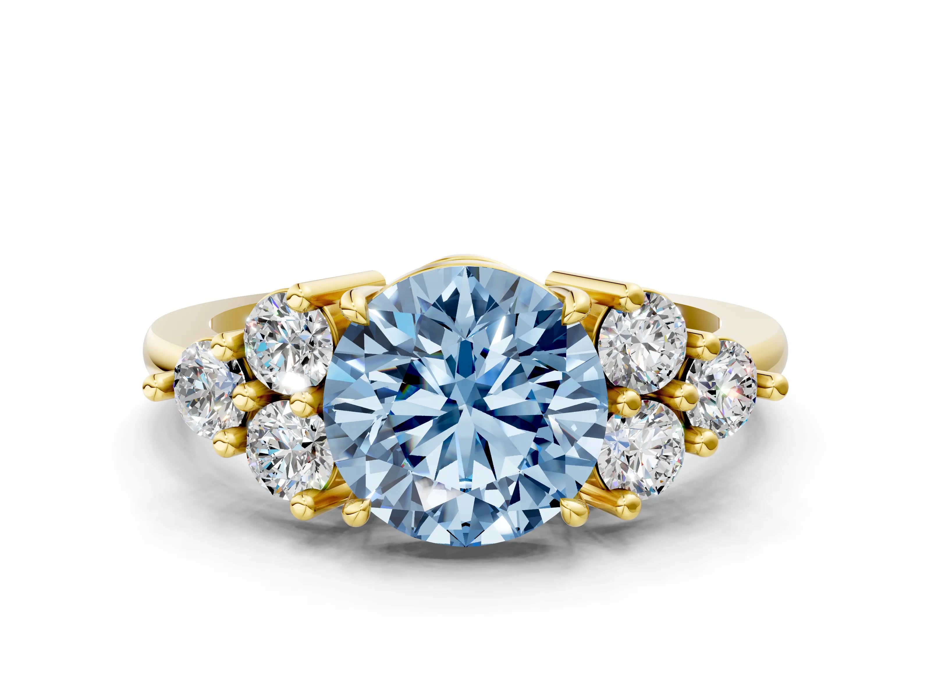 Yellow gold Fancy Blue Round Cut Brilliant Diamond Cluster Accent Solitaire Ring with Prong Setting