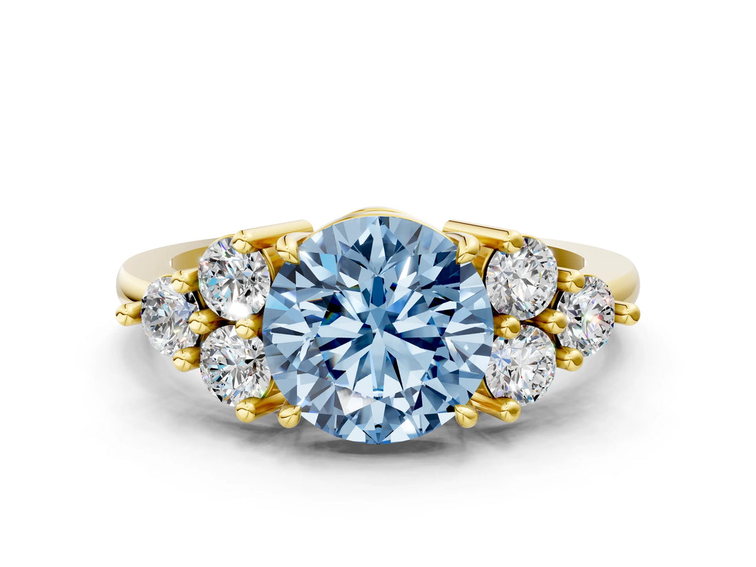 Yellow gold Fancy Blue Round Cut Brilliant Diamond Cluster Accent Solitaire Ring with Prong Setting