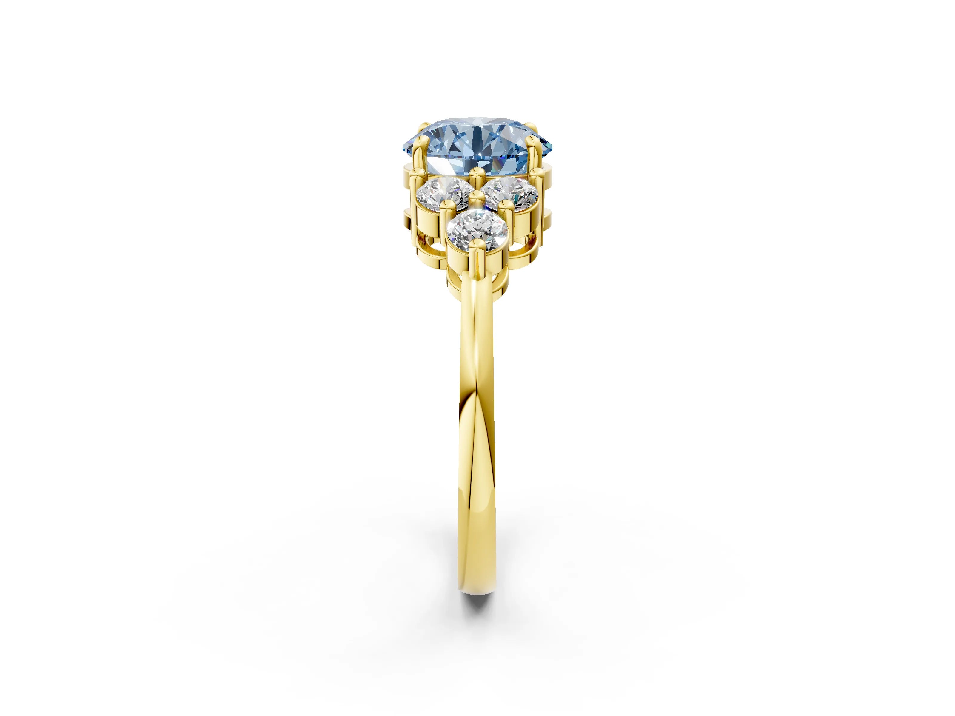 Yellow gold Fancy Blue Round Cut Brilliant Diamond Cluster Accent Solitaire Ring with Prong Setting_2