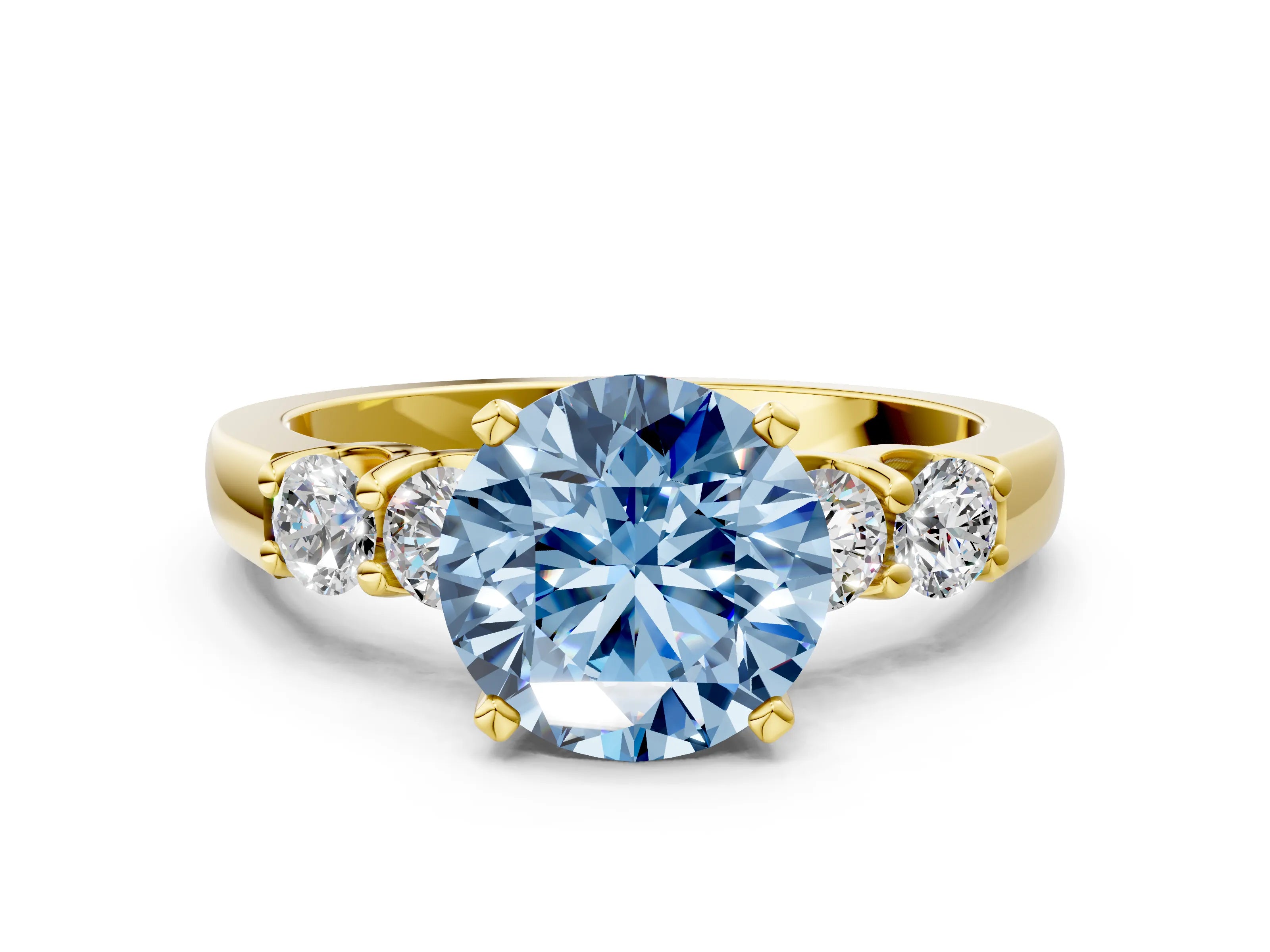 Yellow gold Fancy Blue Round Cut Brilliant Diamond Five-Stone Engagement Ring with Prong Setting on a Classic Band_3
