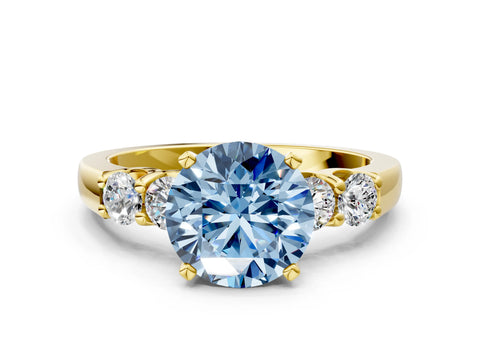 Yellow gold Fancy Blue Round Cut Brilliant Diamond Five-Stone Engagement Ring with Prong Setting on a Classic Band_3