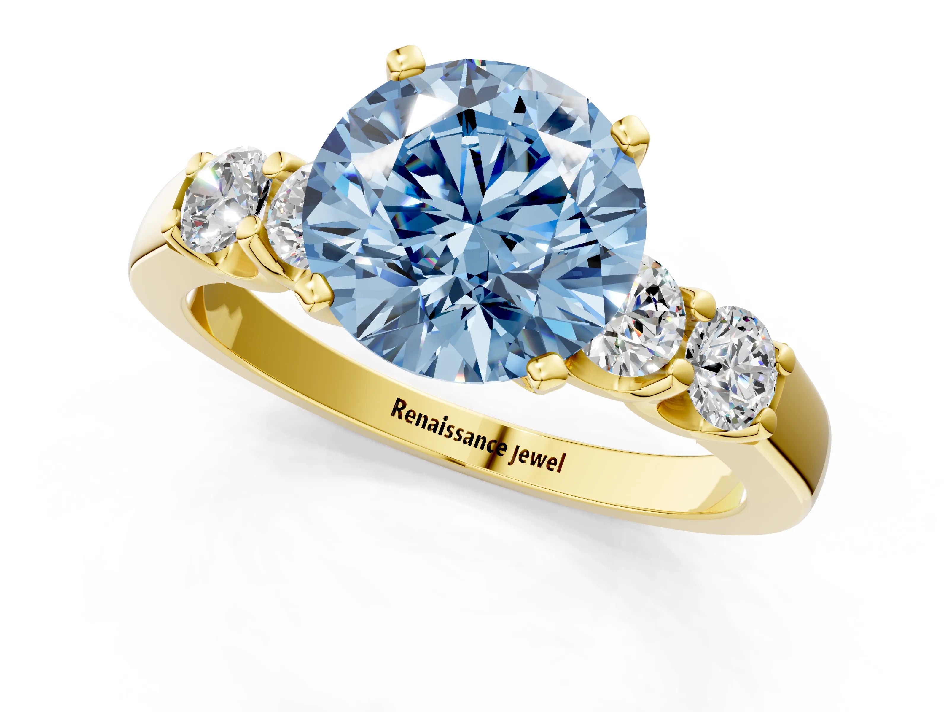 Yellow gold Fancy Blue Round Cut Brilliant Diamond Five-Stone Engagement Ring with Prong Setting on a Classic Band_4