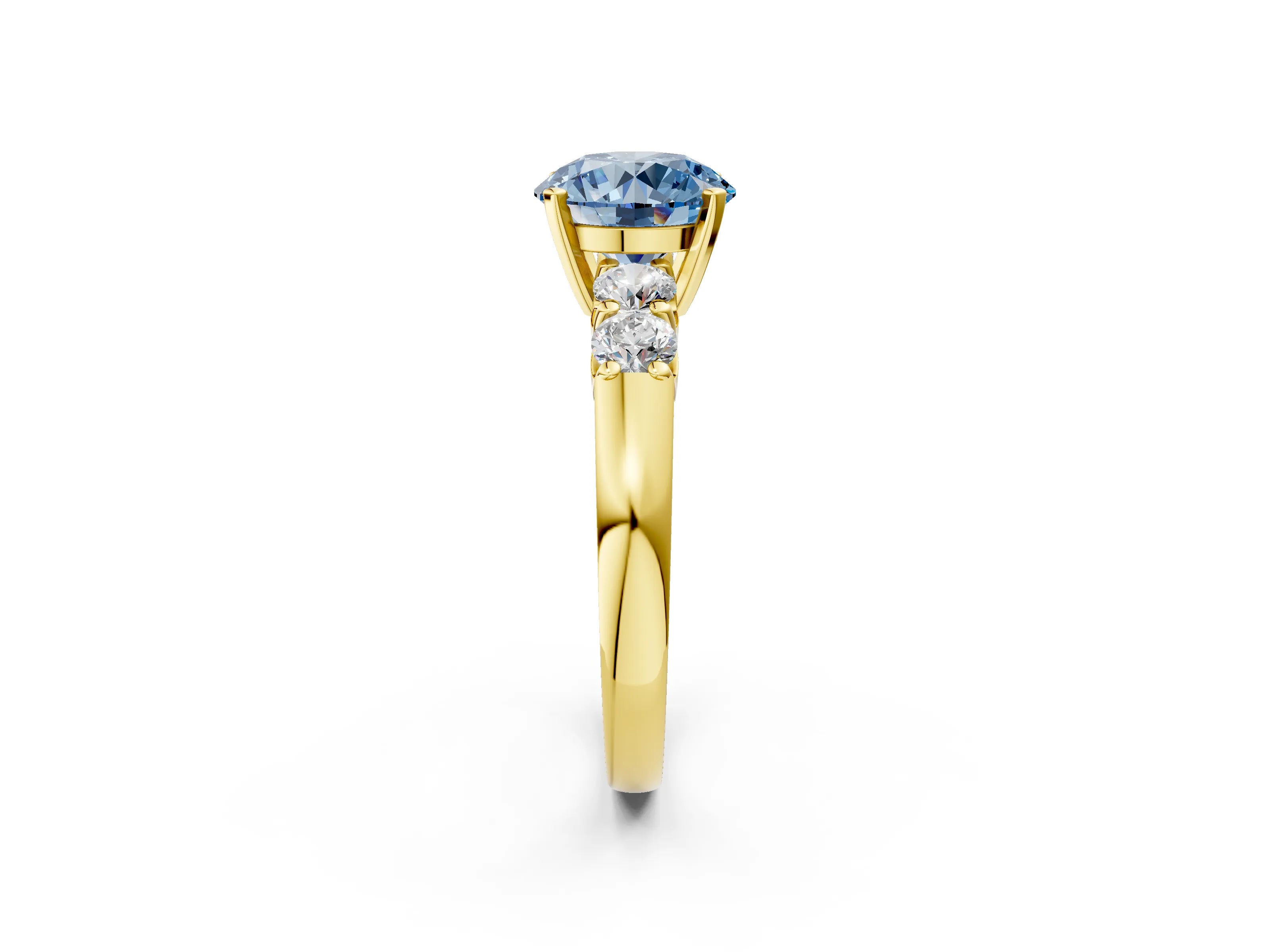 Yellow gold Fancy Blue Round Cut Brilliant Diamond Five-Stone Engagement Ring with Prong Setting on a Classic Band_5