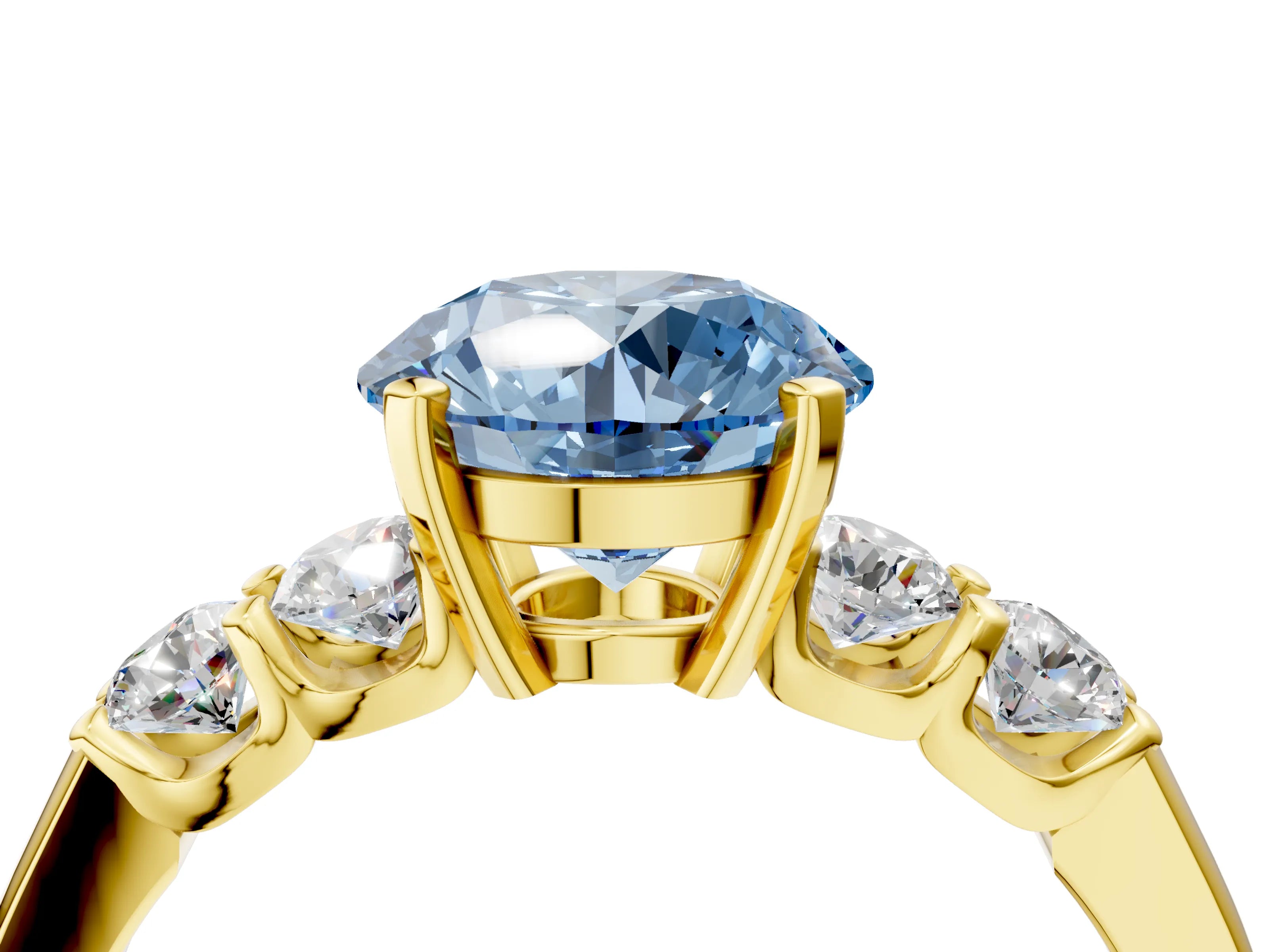 Yellow gold Fancy Blue Round Cut Brilliant Diamond Five-Stone Engagement Ring with Prong Setting on a Classic Band_7