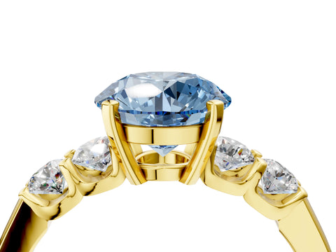 Yellow gold Fancy Blue Round Cut Brilliant Diamond Five-Stone Engagement Ring with Prong Setting on a Classic Band_7