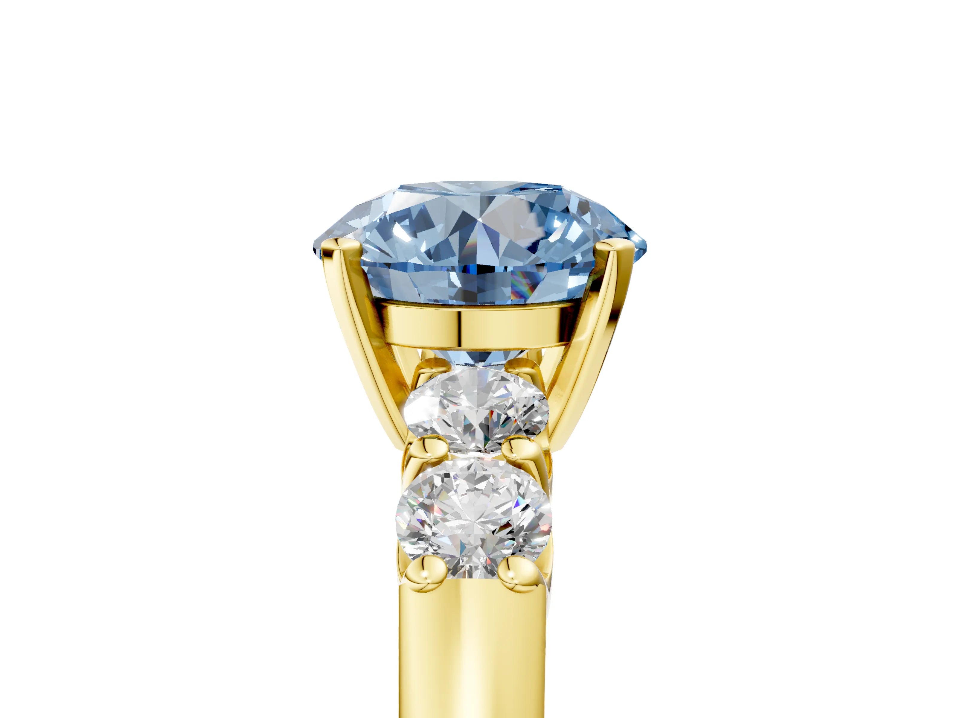 Yellow gold Fancy Blue Round Cut Brilliant Diamond Five-Stone Engagement Ring with Prong Setting on a Classic Band_8