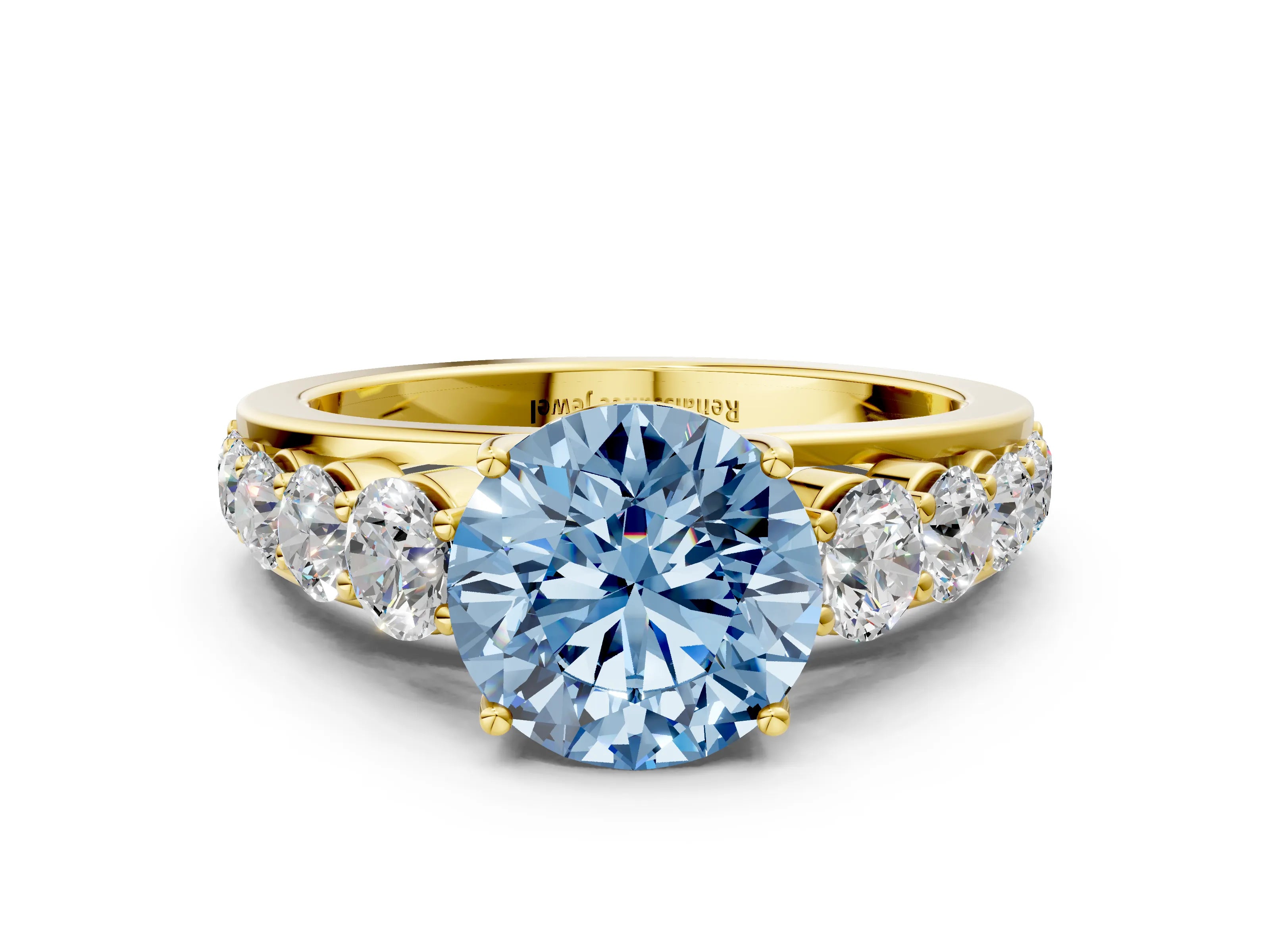 Yellow gold Fancy Blue Round Cut Brilliant Diamond Pavé Band with Six-Prong Setting