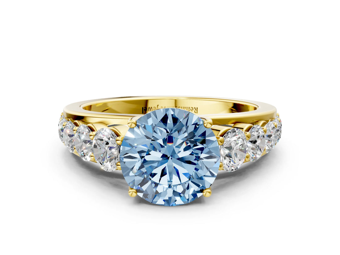 Yellow gold Fancy Blue Round Cut Brilliant Diamond Pavé Band with Six-Prong Setting
