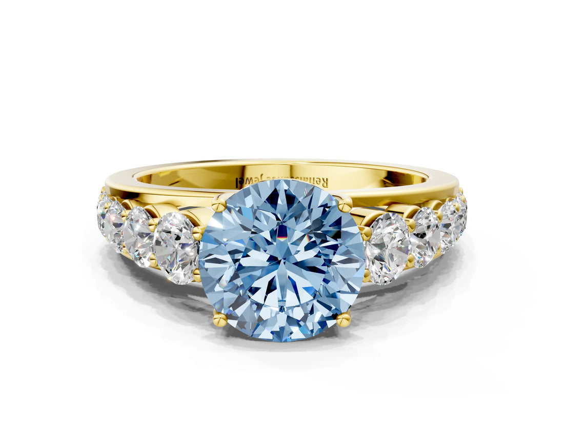 Yellow gold Fancy Blue Round Cut Brilliant Diamond Pavé Band with Six-Prong Setting_12