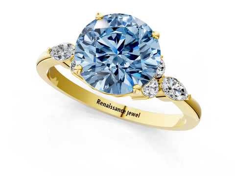 Yellow gold Fancy Blue Round Cut Brilliant Diamond Solitaire Ring with Pear Side Stones and Four-Prong Setting_4