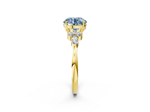 Yellow gold Fancy Blue Round Cut Brilliant Diamond Solitaire Ring with Pear Side Stones and Four-Prong Setting_5
