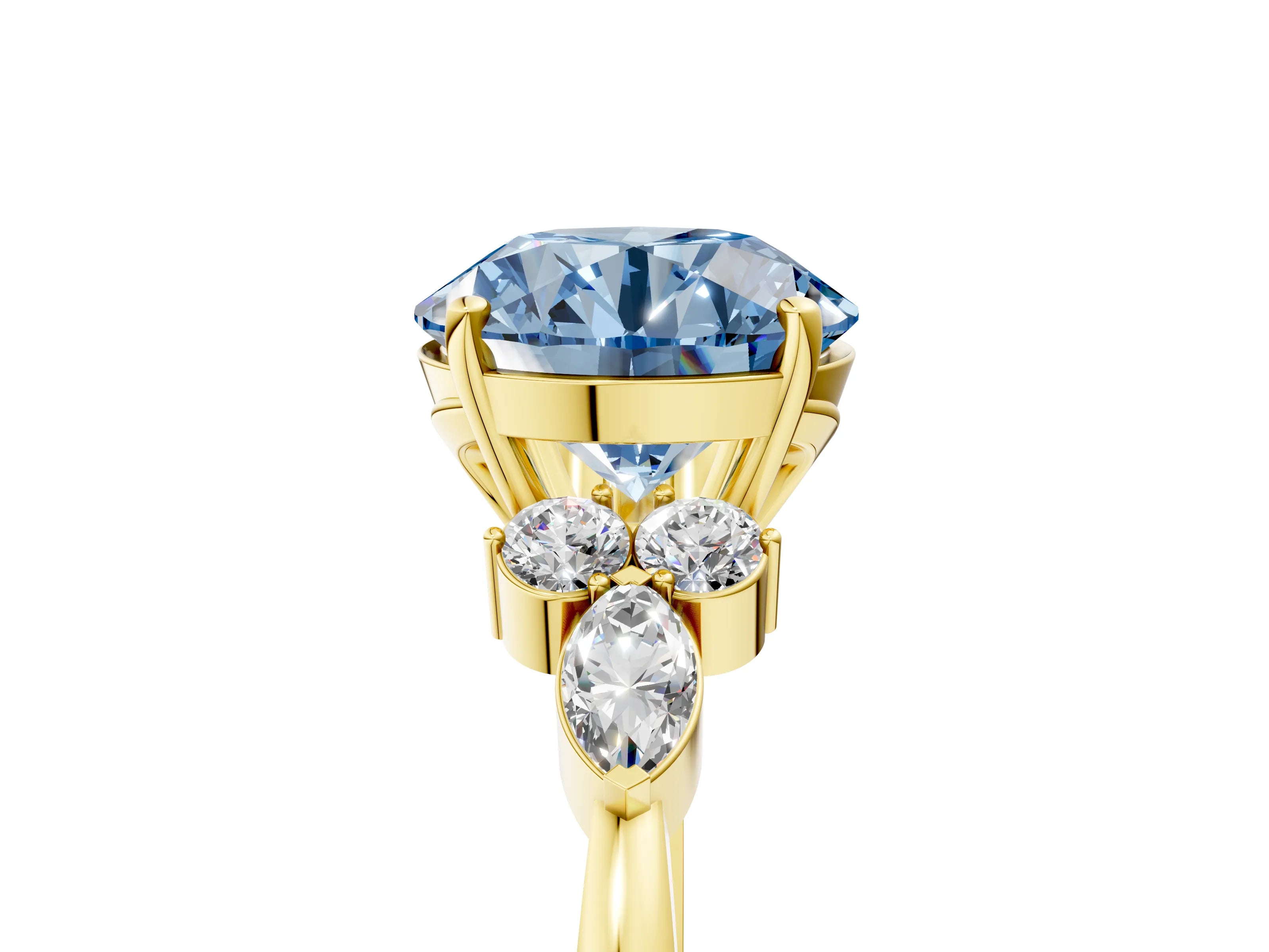 Yellow gold Fancy Blue Round Cut Brilliant Diamond Solitaire Ring with Pear Side Stones and Four-Prong Setting_8