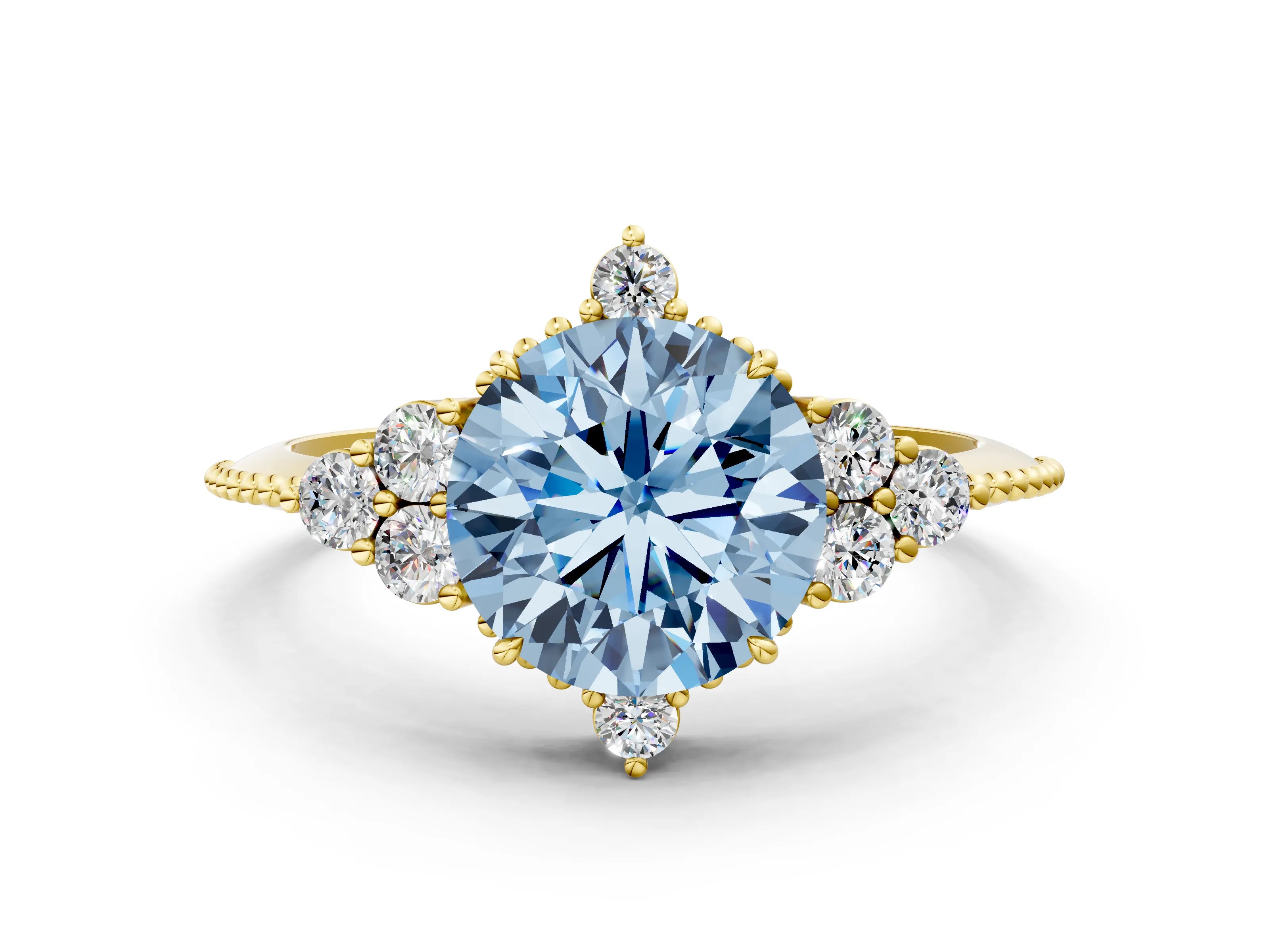 Yellow gold Fancy Blue Round Cut Brilliant Diamond with Cluster Setting on a Beaded Band and Four-Prong Setting