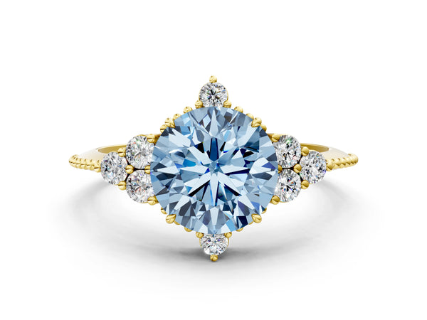 Yellow gold Fancy Blue Round Cut Brilliant Diamond with Cluster Setting on a Beaded Band and Four-Prong Setting