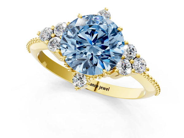 Yellow gold Fancy Blue Round Cut Brilliant Diamond with Cluster Setting on a Beaded Band and Four-Prong Setting