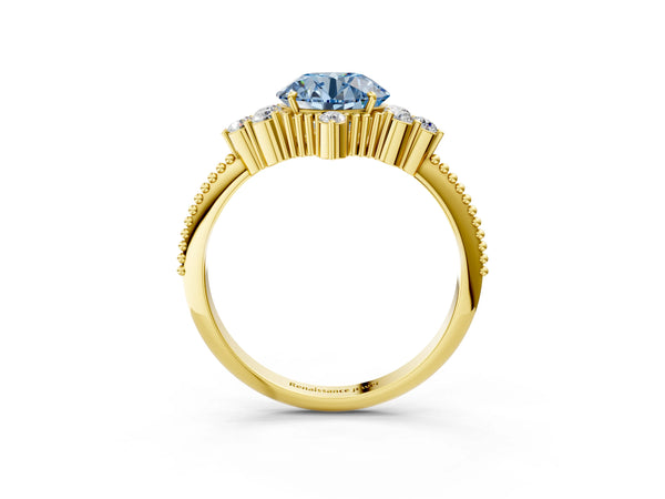 Yellow gold Fancy Blue Round Cut Brilliant Diamond with Cluster Setting on a Beaded Band and Four-Prong Setting